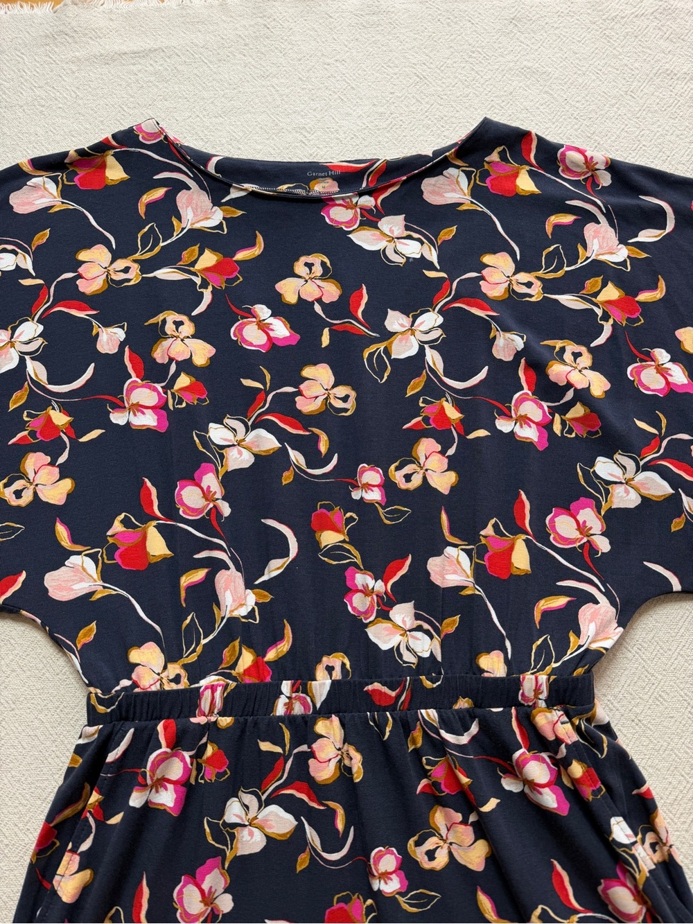 Garnet Hill Prato Jersey Maxi Dress M Navy Blue Floral Kimono Sleeves Pockets - Picture 5 of 9